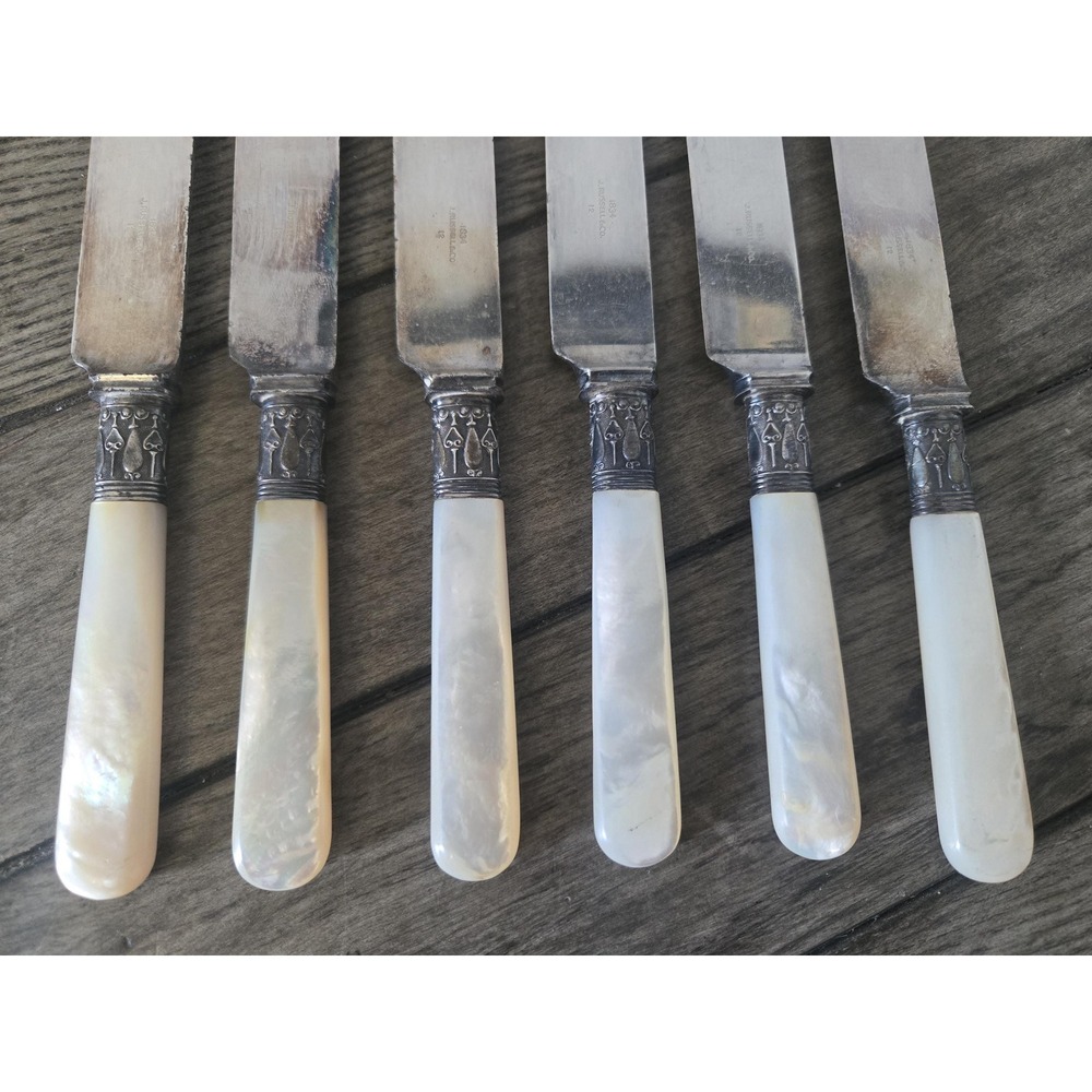 Antique J. Russell & Co. Butter Knives Set of 6 Mother of Pearl 1834 Spreaders - Picture 9 of 10